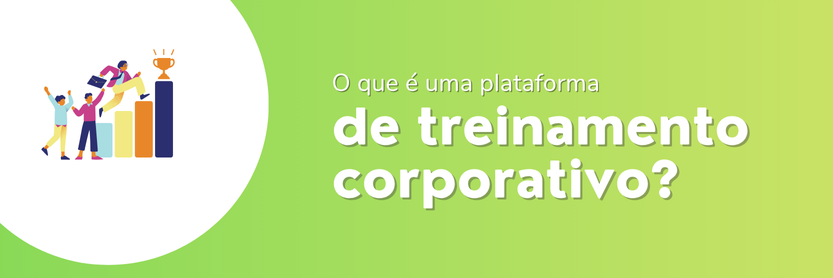 Profissionais comemorando no topo de gráfico de barras ao lado do texto “O que é uma plataforma de treinamento corporativo?”, representando o uso de tecnologia no melhor treinamento corporativo.