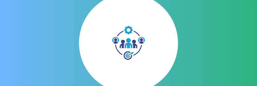 Ícone de equipe e gestão de processos com fundo azul e verde, representando a importância dos indicadores de desempenho na gestão de pessoas.
