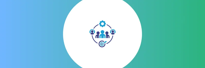 Ícone de equipe e gestão de processos com fundo azul e verde, representando a importância dos indicadores de desempenho na gestão de pessoas.