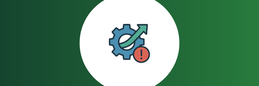 Ícone flat colorido de engrenagem com seta de melhoria e alerta, representando o conceito de ação corretiva e otimização de processos conforme normas ISO.