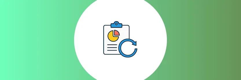 Ícone colorido de relatório com gráfico circular e seta de melhoria contínua — conceito de projeto de melhoria Lean Six Sigma.