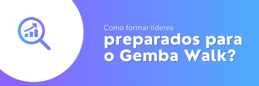 Ícone de lupa com gráfico de crescimento em degradê azul e roxo acompanhado do texto Como formar líderes preparados para o Gemba Walk