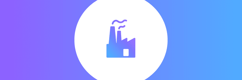 Ícone de fábrica em degradê azul e roxo representando processos industriais no Gemba Walk