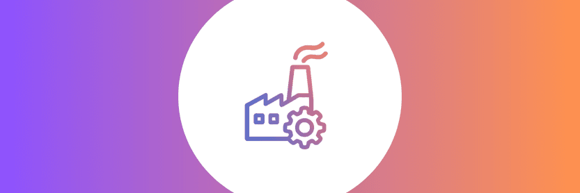 Ícone de fábrica com engrenagem ilustrando o impacto do tempo de setup nos processos industriais e na eficiência produtiva.
