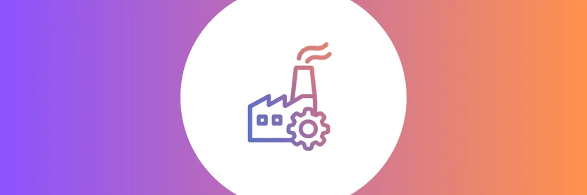 Ícone de fábrica com engrenagem ilustrando o impacto do tempo de setup nos processos industriais e na eficiência produtiva.