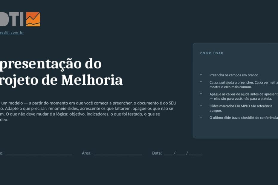 Slide de capa do template de apresentação de projeto de melhoria da EDTI