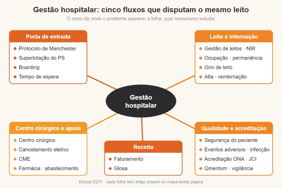 Mapa da gestão hospitalar: no centro, gestão hospitalar; ao redor, cinco fluxos (porta de entrada, leito e internação, centro cirúrgico e apoio, receita, qualidade e acreditação), cada um com os temas que o compõem