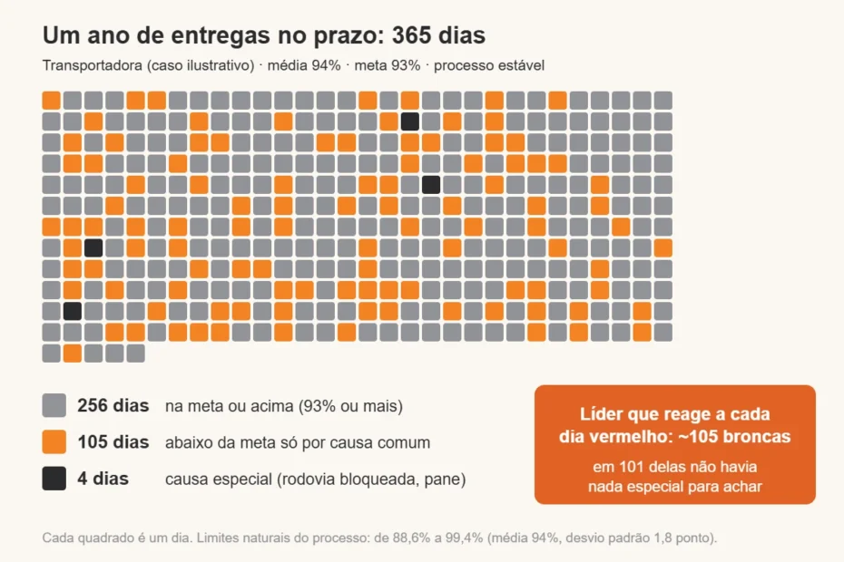Grade de 365 quadrados representando um ano de entregas de uma transportadora: 256 dias cinza na meta ou acima de 93%, 105 dias laranja abaixo da meta só por variação de causa comum e 4 dias escuros com causa especial