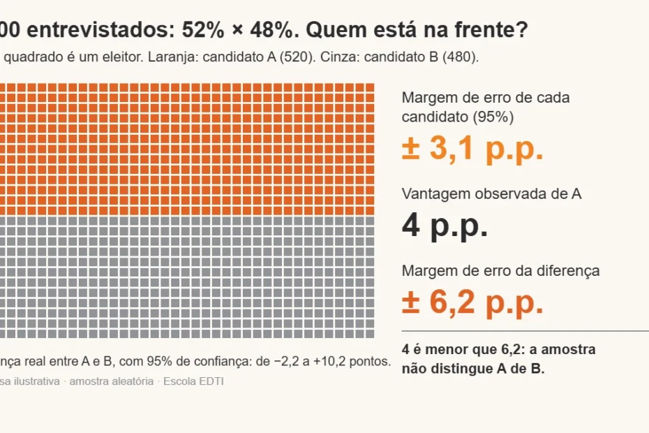 Grade de 1.000 quadrados, um por eleitor entrevistado: 520 em laranja para o candidato A e 480 em cinza para o candidato B. Ao lado, a margem de erro de 3,1 pontos para cada candidato e de 6,2 pontos para a diferença de 4 pontos entre eles.